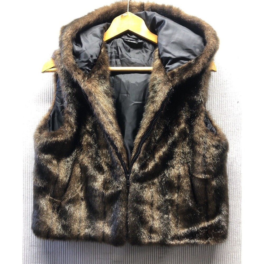 Cejon Accessories Faux Fur Hooded Vest Womens M Brown Y2K Boho Mob Wife